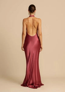 Back view of elegant backless mulberry satin maxi dress with halter neck and side slit