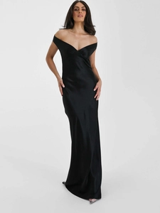 Elegant black off-the-shoulder satin fishtail evening gown with deep V-neckline