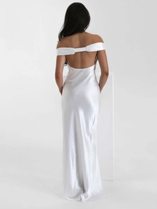 Elegant white satin fishtail evening dress with backless design and draped silhouette