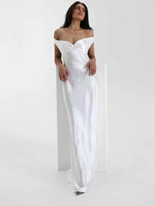 Elegant white satin fishtail evening dress with off-shoulder pleated neckline