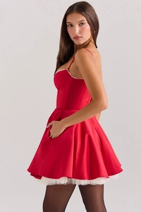 Detail view of red satin mini dress featuring white mesh trim and elegant thin straps