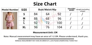 Size chart for pink sleeveless crop top and pleated skirt set in sizes S to XL