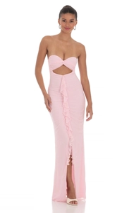 Detailed view of the front knot cutout and ruffled pleats on the pink strapless dress