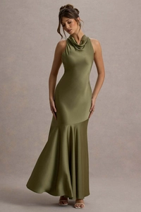 Olive green satin fishtail dress featuring a sophisticated cowl neck and off-shoulder design