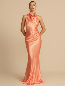 Elegant Women Satin Cowl Neck Halter Backless Maxi Dress Sexy Solid Color Floor Length Evening Party Banquet Gown