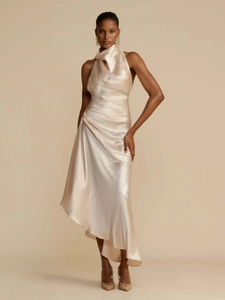 Women Sexy Satin Halter Backless Maxi Dress Elegant Ruched Asymmetrical Slit Evening Party Gown Banquet Cocktail Dress