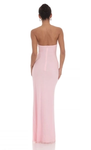 Back view of pink strapless bodycon maxi dress with ruched slit and invisible zipper