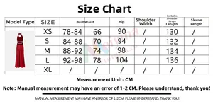 Size chart for red satin halter dress with bust waist and hip measurements in centimeters