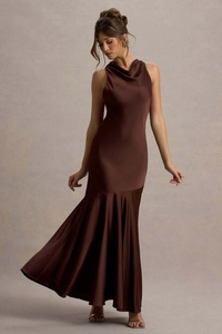 Detail view of satin mermaid dress featuring a draped cowl neck and elegant fishtail hem