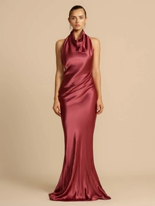 Elegant burgundy satin halter dress with draped neckline and backless split design