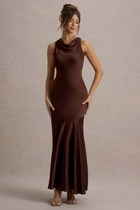 Detail of elegant dark brown satin evening gown with a cowl neck and mermaid silhouette