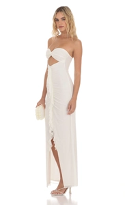 Elegant white strapless maxi dress with hollow design and stylish side ruffles detail
