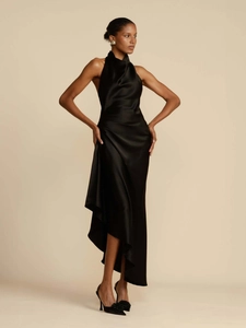 Elegant black satin halter neck dress with asymmetrical drape for formal evening events