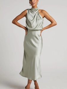 Elegantes Satin-Midikleid Damen Ärmellos Neckholder Rückenfrei Wasserfall-Ausschnitt Formelles Abendkleid Partykleid