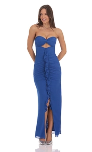 Detail of royal blue strapless dress with vertical ruffles and front slit design