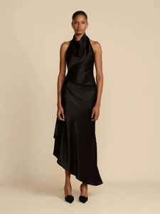 Elegant black satin halter dress with draped neckline and asymmetrical slit hemline