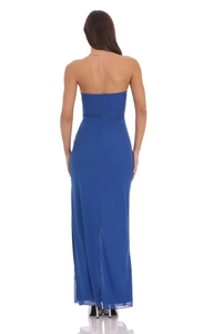 Detail of the back invisible zipper and mesh stitching on the royal blue maxi dress