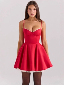Women Satin Camisole Mini Dress Lace Trim Tulle Patchwork Puffy A-Line Short Dress Sweet Princess Style Party Night Out