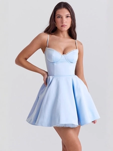 Light blue satin puff dress with delicate white lace trim and corset-style bodice