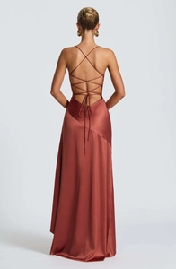 Detail of elegant backless satin dress with lace-up criss-cross straps in rust red color