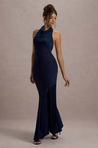 Navy blue cowl neck sleeveless evening gown with mermaid hem and silky drape texture