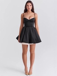 Satin black corset mini dress with lace trim and white tulle underskirt, main front view