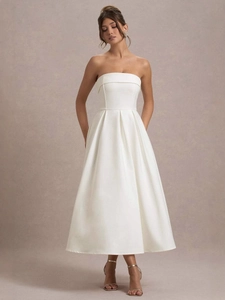 Robe Midi en Satin Bustier Élégante pour Femmes Robe de Soirée de Mariage Formelle Couleur Unie Taille Haute Ligne A Plissée
