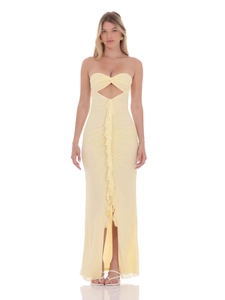 Women Sexy Strapless Cut Out Ruched Maxi Dress Ruffle Side Slit Backless Bodycon Elegant Party Evening Wedding Guest Dress