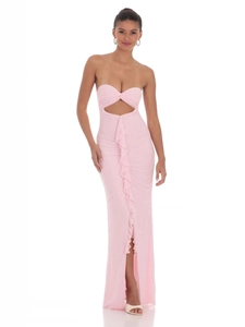 Sleeveless pink bodycon maxi dress with front ruching, cutout bust and side leg slit