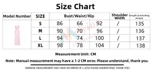 Size chart for pink sequin satin strapless maxi dress showing CM measurements
