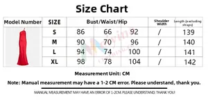 Detailed size chart for red satin evening dress including bust waist and hip measurements