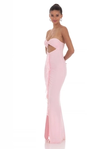 Pink strapless bodycon dress with cutout heart neckline, ruffles and side slit detail