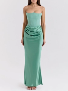 Elegant Women Strapless Satin Maxi Dress Corset Bodice Fishbone Pleated Draped Evening Gown For Wedding Banquet Party Lady