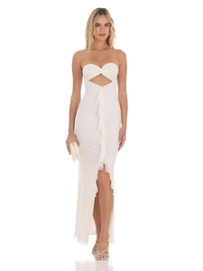 Elegant strapless white dress with ruched ruffles, cut-out front, and high side slit