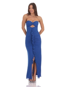 Sexy navy blue strapless maxi dress with hollow out detail and front slit design