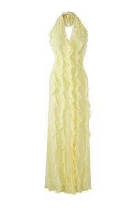 Detailed view of yellow maxi dress featuring ruffle trim and light chiffon fabric
