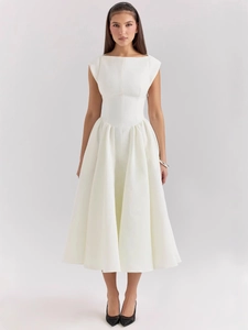 Women Elegant Backless Midi Dress Sleeveless French Hepburn Style A-Line Swing Party Dress With Pockets Solid Color