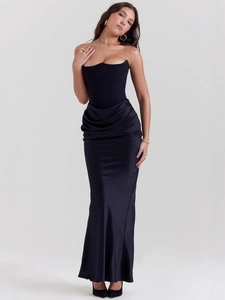 Elegant black satin strapless evening dress with corset bodice and pleated maxi skirt