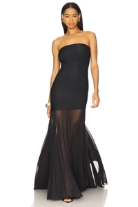 Detail of elegant strapless black evening dress with sheer mesh fishtail hemline