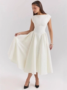 Elegant sleeveless cream backless midi dress with pleated flared hem and round neckline
