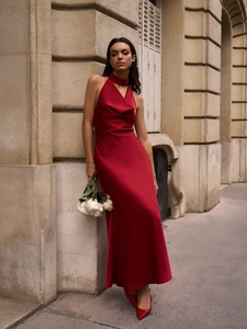 Women Satin Cowl Neck Halter Maxi Dress Sexy Backless Artificial Pearl Strap Slim Fit Sleeveless Evening Party Vacation Long Dress