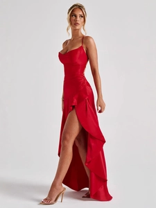 Elegant red satin spaghetti strap maxi dress with cowl neck and ruffled high slit