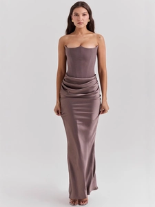 Elegant mauve satin off-shoulder long dress with corset bodice and pleated silhouette