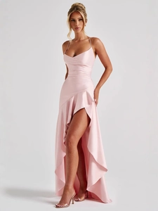 Pink satin halter neck dress with high-low ruffle hem and backless slim fit design