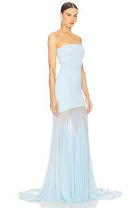 Detail of light blue strapless dress with sheer mesh pleats and elegant long train