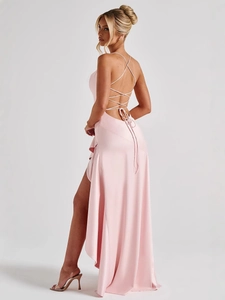 Elegant pink satin backless maxi dress with cross straps and high side slit detail
