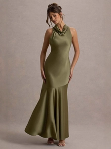 Elegant olive green satin mermaid dress with sleeveless cowl neck for formal events