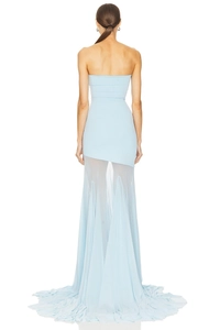 Close-up of light blue strapless dress featuring semi-sheer mesh panel and flowing hemline