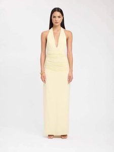 Robe longue licou jaune citron élégante avec décolleté en V profond et détails froncés