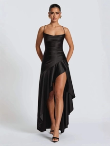 Elegant black satin slip dress with backless design and irregular ruffle hemline